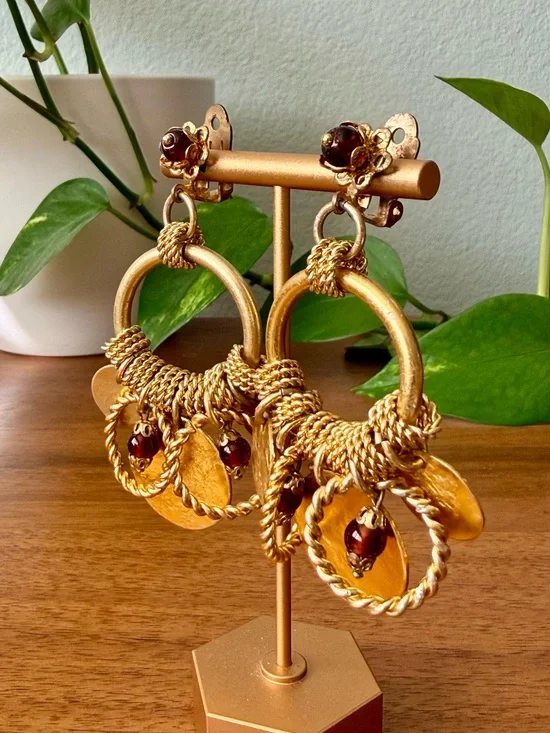 Vintage Boho Coin Disc Chandelier Dangle Hoop Clip On Earrings Brown Glass Beads - Picture 2 of 8